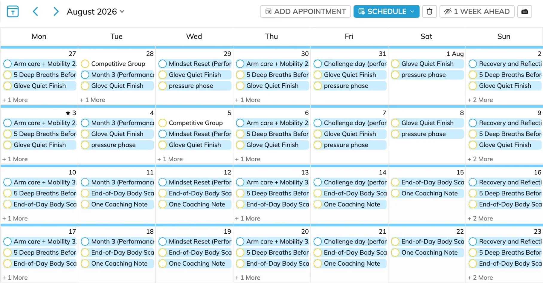 Trainerize training calendar showing the weekly training plan